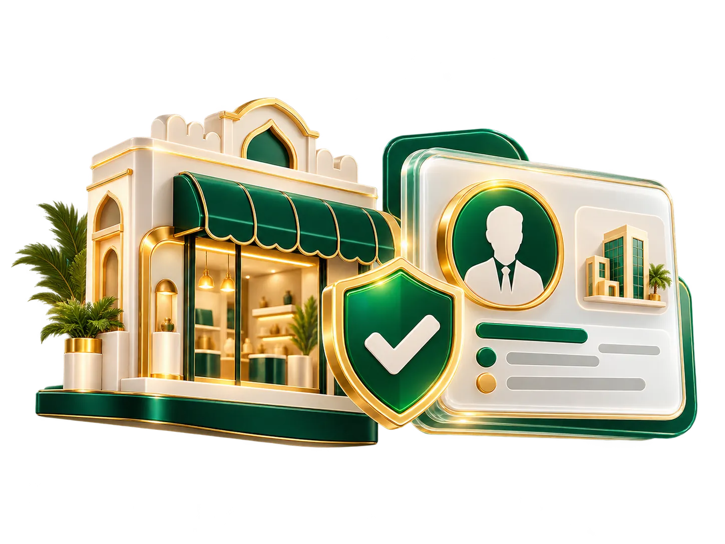 A verified shop next to a business profile card marked with a verification shield
