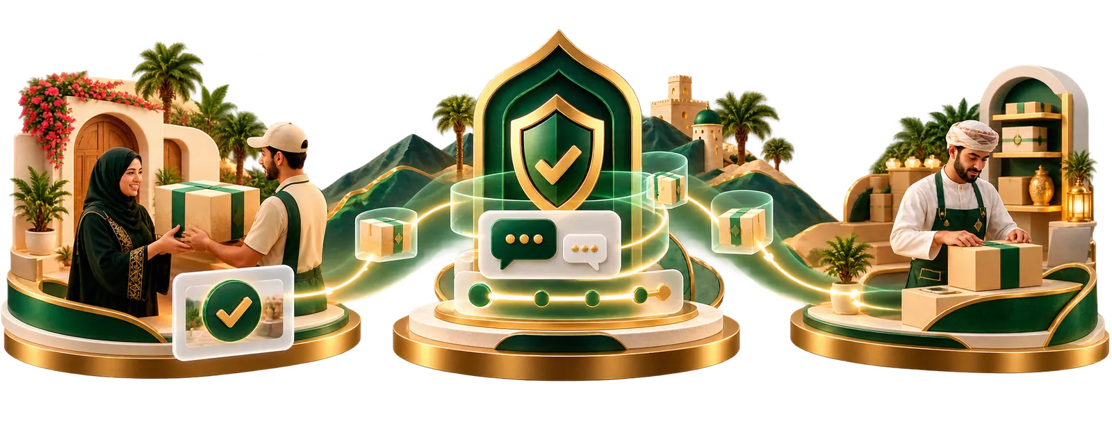 A buyer receiving an order and a seller packing one, both connected through OmanWall order chat and protection