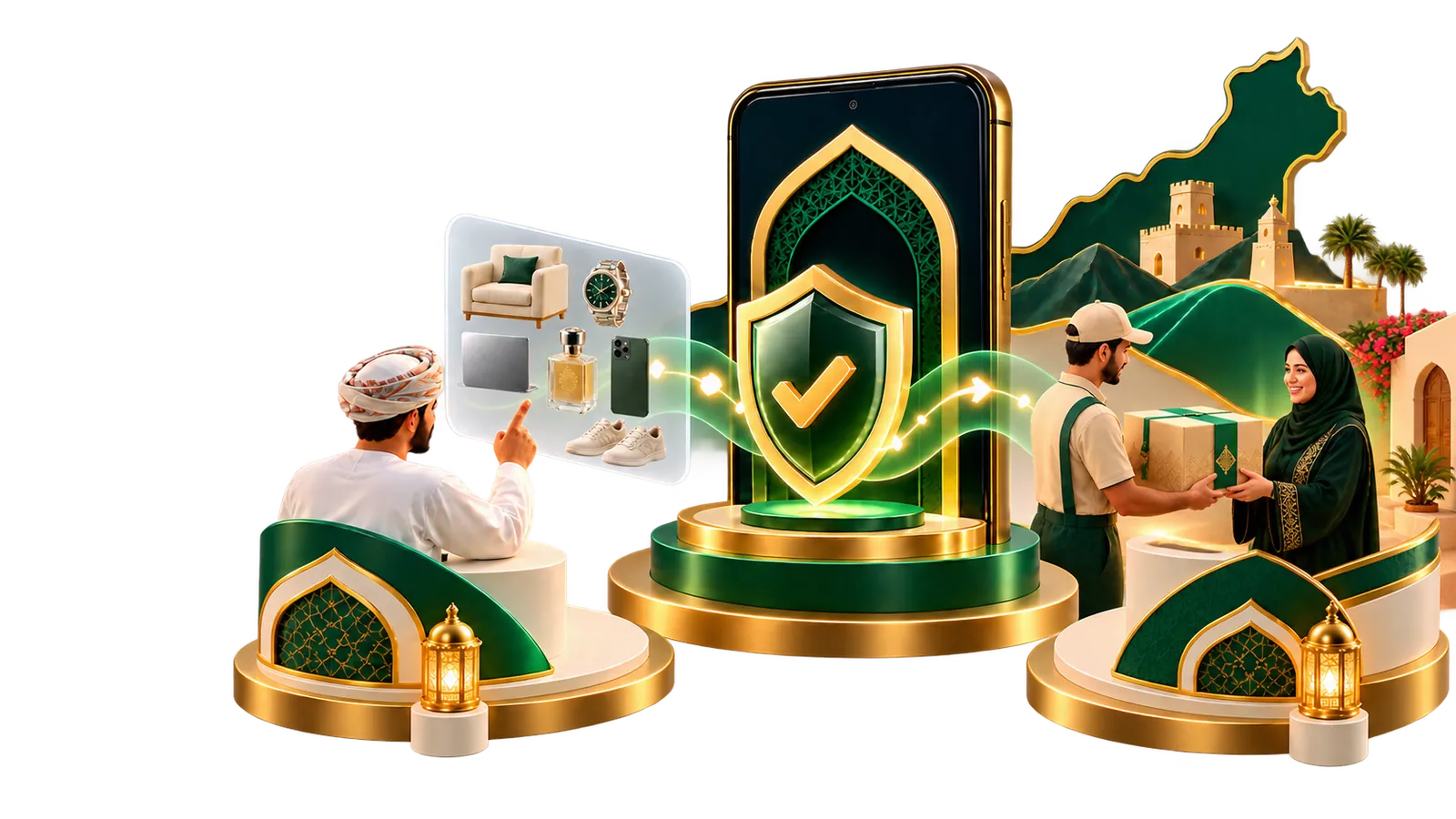 A buyer choosing an item on a phone protected by an OmanWall shield, and a courier delivering the order to the customer