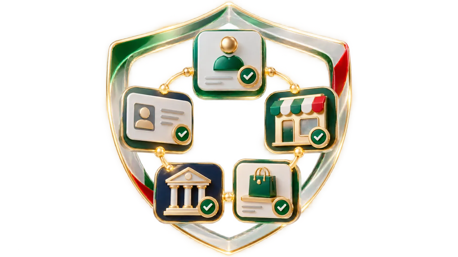Seller checks inside a shield: identity, business profile, shop, bank account and listings